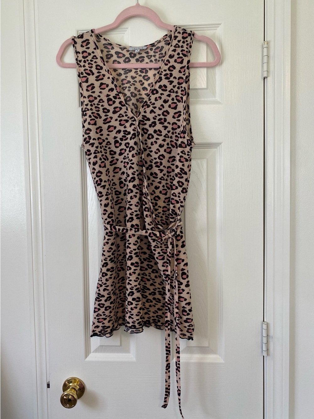 white birch Beige and Black Leopard Wrap Mini Dress with Pink Accents